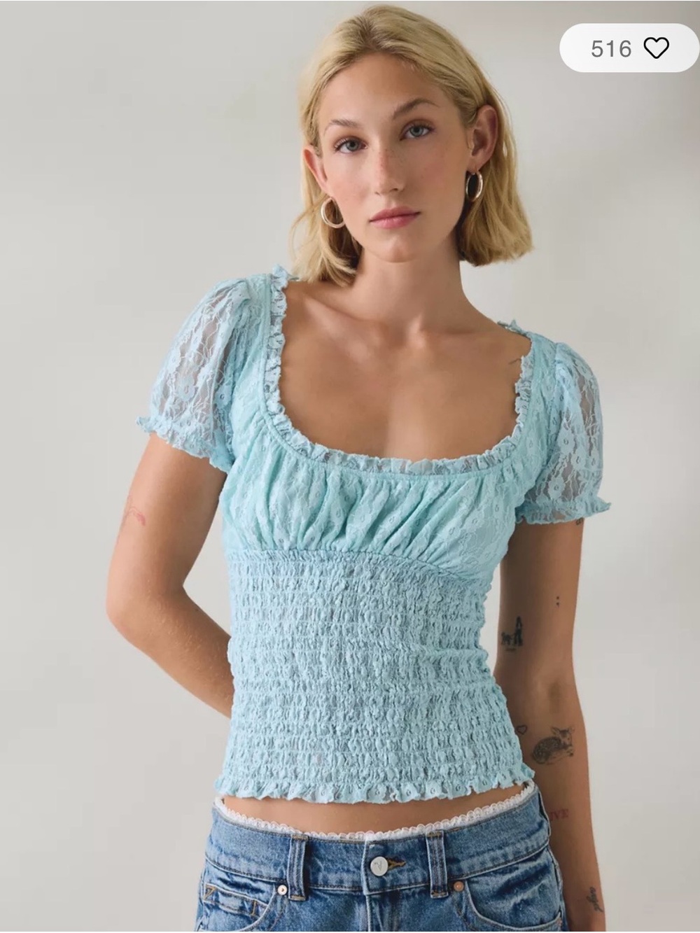 Urban Outfitters Light Blue Lace Smocked Peasant Top